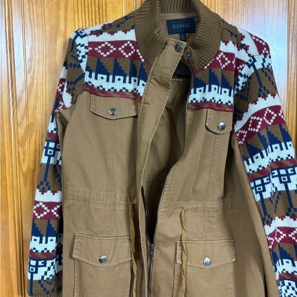 Blu Pepper Womens Size L Brown Knit Trial Print Adjustable Waist Packable Jacket